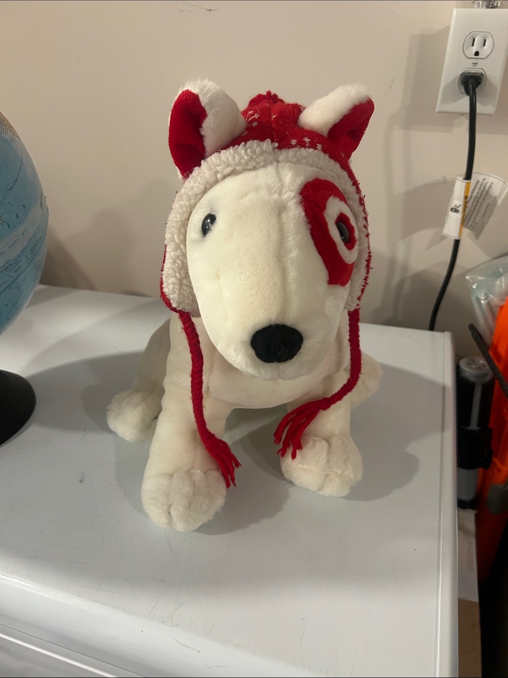 Target Red & White Plush Dog Toy with Winter Hat